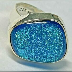 UNIQUE!  Sterling Silver .925 Dichroic Glass Blue Sparkle Large Ring Size 8.5